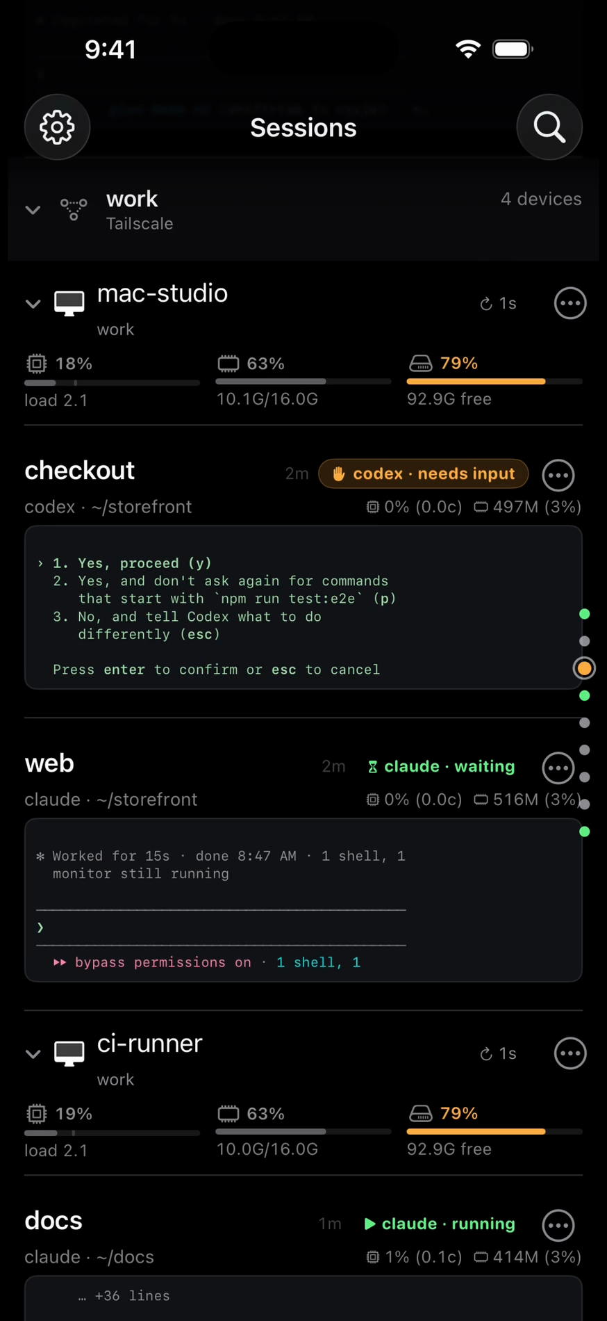 tmuxnet session list on an iPhone, under the work tailnet heading with its 4 devices. mac-studio with its processor, memory and disk meters, then checkout with an orange codex · needs input badge and Codex's three numbered options in its preview, and web with a claude · waiting badge. Below them ci-runner and its docs session, claude · running. A rail of dots down the right edge, one per machine.