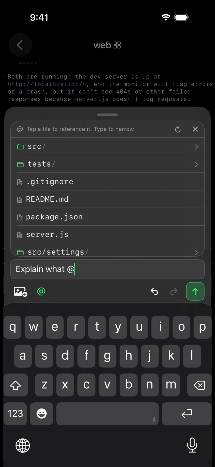 The composer over Claude Code's web session with the mention panel open above the keyboard: the draft reads Explain what @ and the panel lists the pane's own project: src/, tests/, .gitignore, README.md, package.json, server.js, src/settings/, listed over SSH, a folder drilling in on tap.
