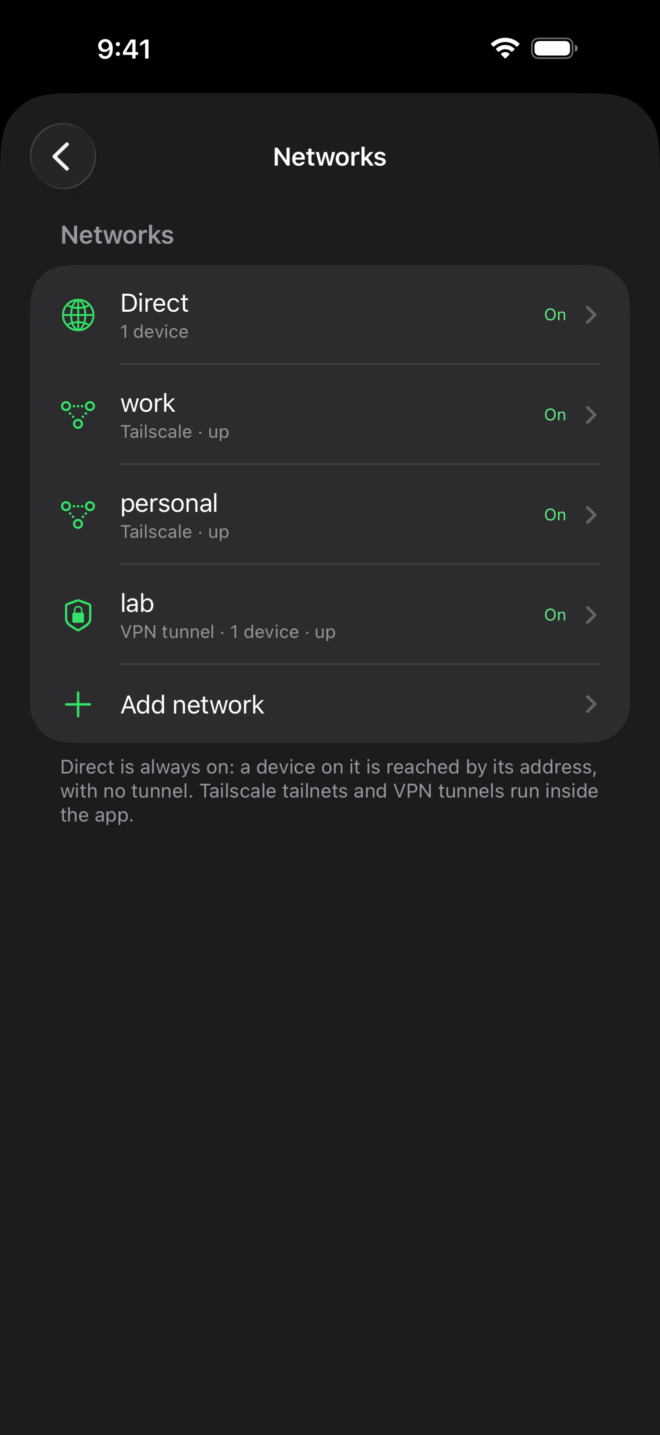 The Networks screen: Direct On, two Tailscale tailnets, work and personal, On and up, and a VPN tunnel, lab, On and up, all inside the app at once, each with its own state. No VPN badge in the status bar.